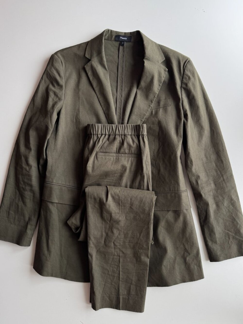 2pc THEORY Eco Crunch Olive Green Linen Blend Chino Blazer Suit Set, Size 2/4 - Picture 2 of 16